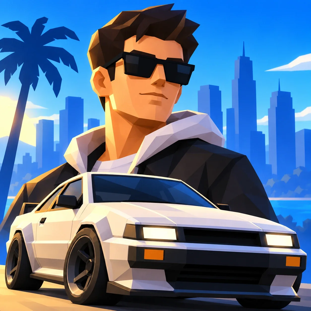 A PolyCity character in sunglasses and a hooded jacket behind a white sports car, with a palm tree and a blue city skyline
