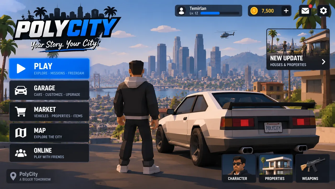 Main menu: a character stands next to a white coupe above the city, with Play, Garage, Market, Map and Online buttons