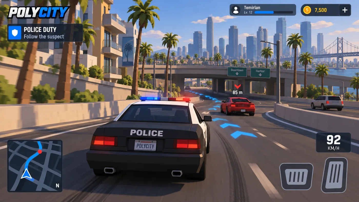Gameplay: a police car follows a red sedan on a sunny freeway, with a minimap, a speed readout and pedals on screen